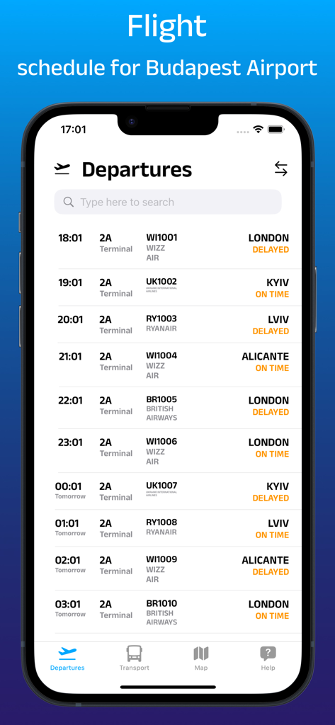 Screenshot dell'app BUD Airport che mostra le partenze dei voli in tempo reale e gli aggiornamenti di stato per l'Aeroporto di Budapest