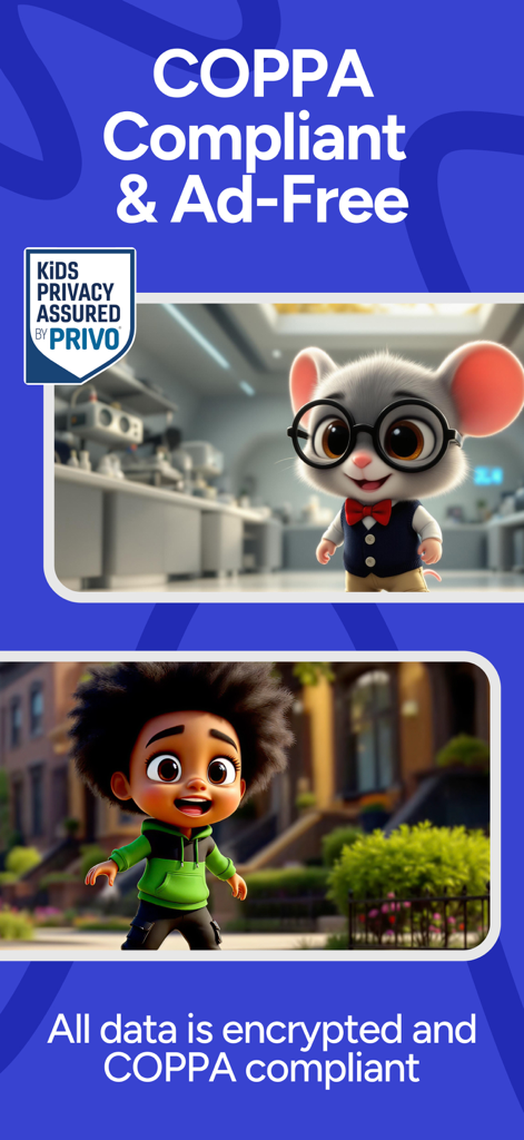Giant app display highlighting COPPA compliance ad-free content and data encryption