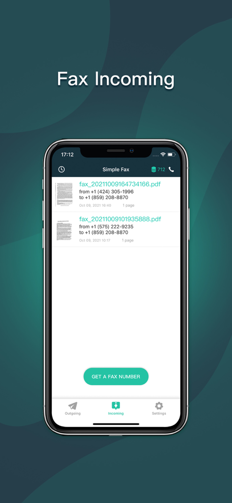受信済みFAXのリストを送信者および受信者番号で表示するSimple Faxアプリの受信タブのスクリーンショット。