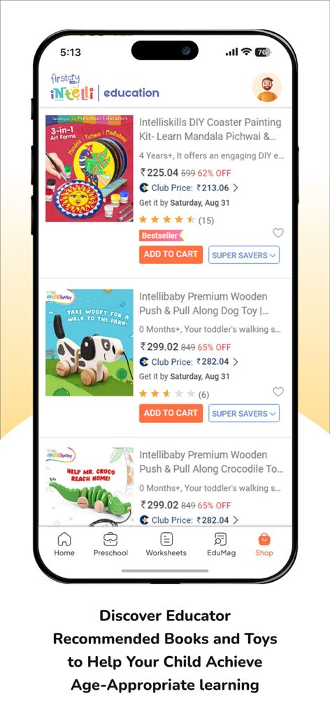 FirstCry Intelli Education - In-app shop interface of FirstCry Intelli Education showing educator-recommended toys and DIY kits for children
