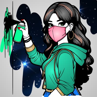 realistic girl with mask spray painting a wall