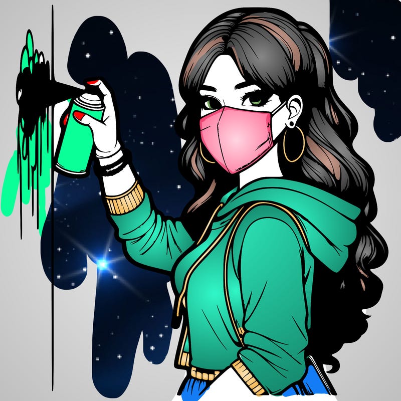 realistic girl with mask spray painting a wall