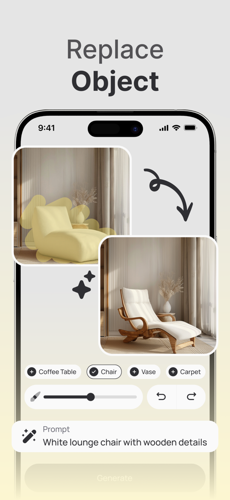 Interfaz de la aplicación móvil Housify AI que muestra cómo reemplazar un sillón con una silla de salón blanca moderna usando indicaciones de IA