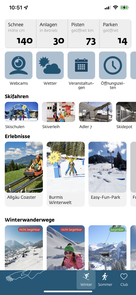 OK Bergbahnen - Dashboard of the OK Bergbahnen app showing snow reports, lift status, and winter activities.