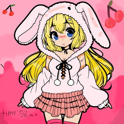 pretty anime girl wearing a fluffy hoodie with bunny ears on the hood and a skirt