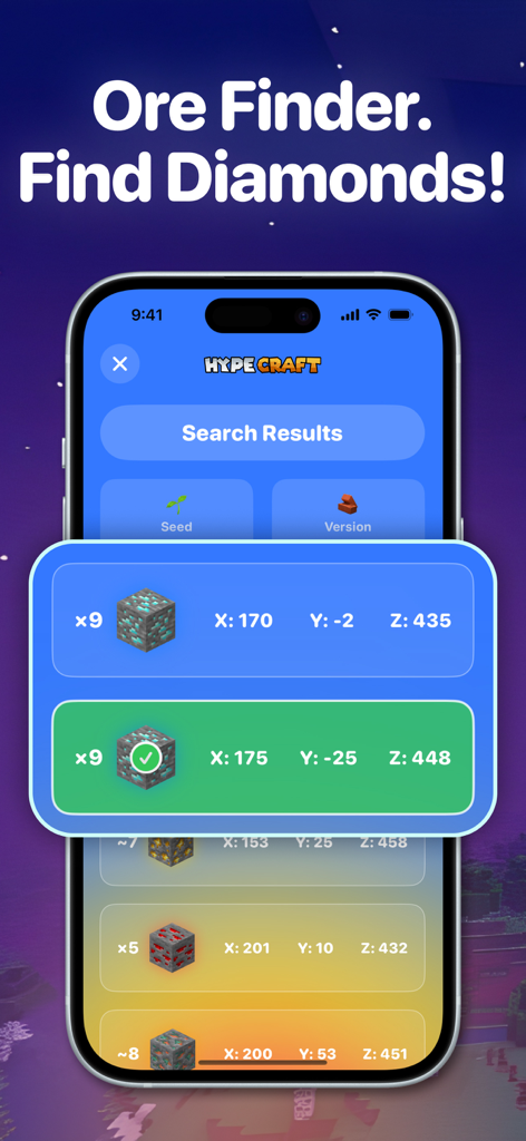HypeCraft: AI Building Guide - HypeCraft app screenshot showing the ore finder feature with coordinates to find diamonds in Minecraft