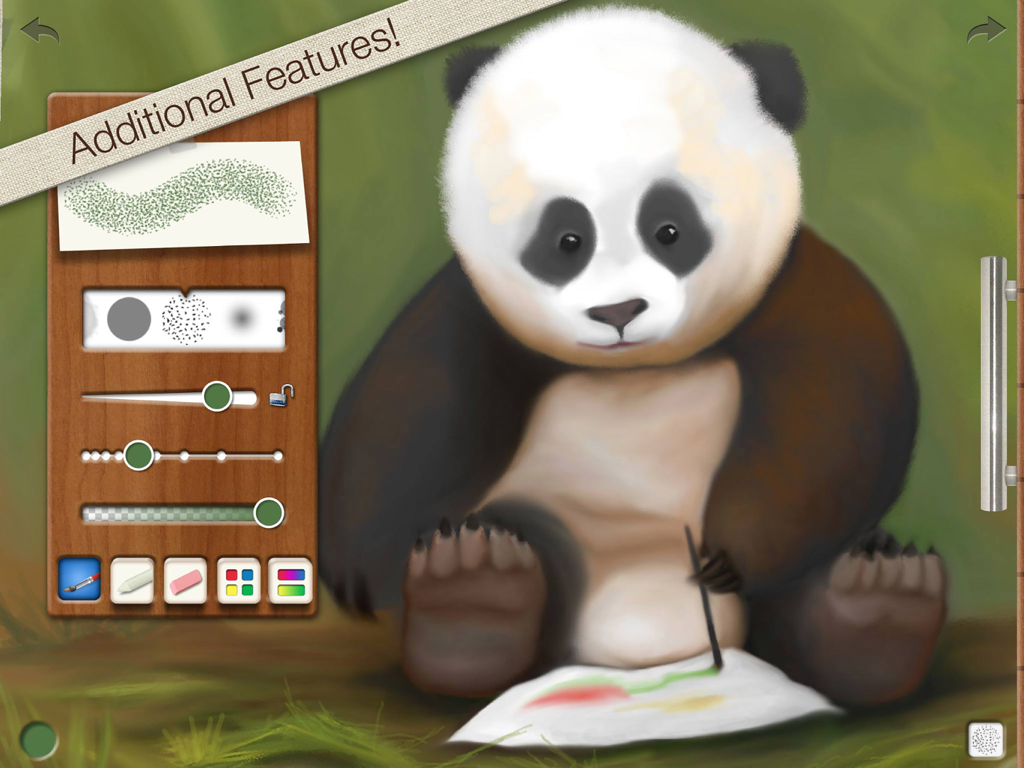 Drawing Pad - A digital painting of a panda bear in the Drawing Pad app showing visual brush and tool control menus
