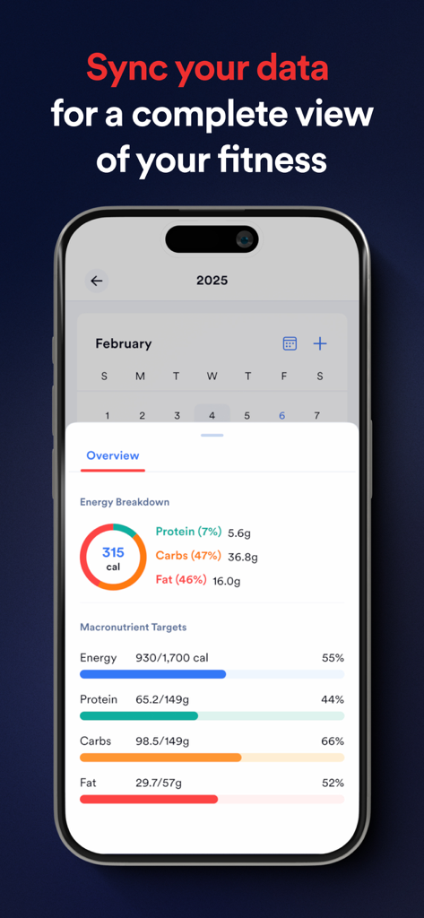 Caliber: Strength Training - Tableau de bord nutritionnel de l'application Caliber affichant la répartition des calories et la progression vers les objectifs macronutritionnels