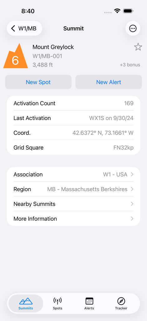SOTA Goat - SOTA Goat mobile app screen displaying summit details for Mount Greylock including coordinates and activation history