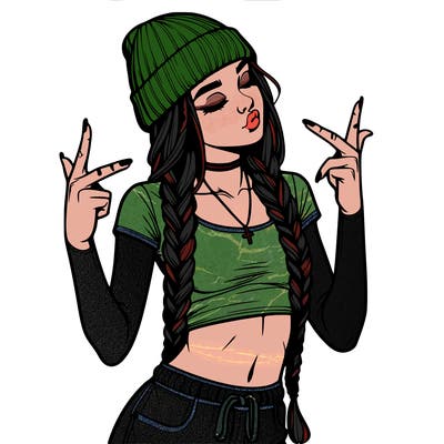 realistic teenage girl with braids and a beanie and crop top doing 🫶🏼