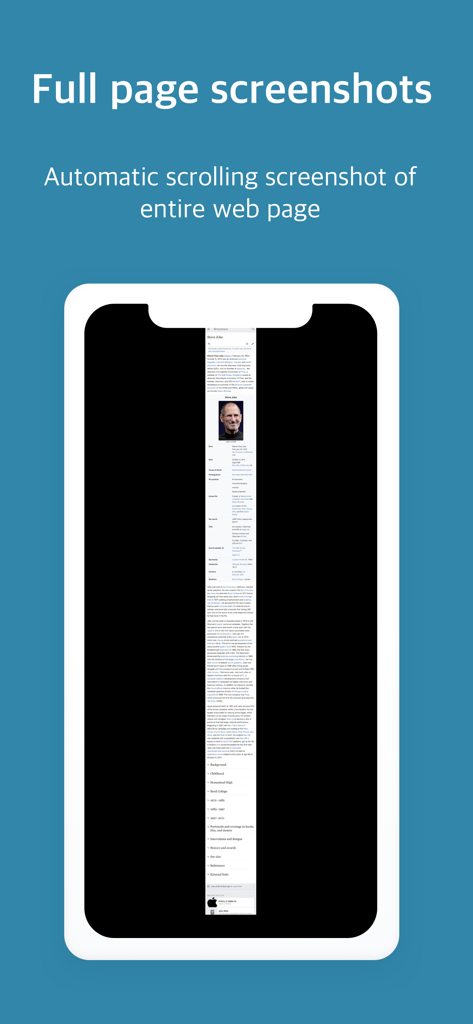 An iPhone displaying a long full-page web capture of a Wikipedia article using the WebCapture app.
