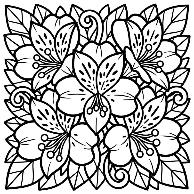 This delightful coloring page showcases vibrant Peruvian lilies with ultra-thick lines and simple, large shapes, perfect for tiny hands. It's designed to introduce toddlers to coloring, fostering motor skills and creativity with beautiful floral fun.