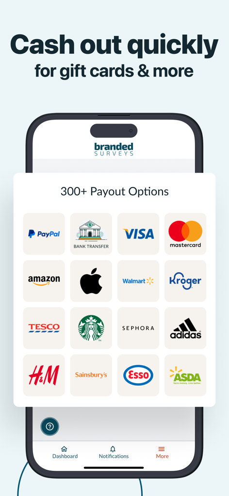 Branded Surveys: Paid rewards - Branded Surveys App-Bildschirm, der verschiedene Auszahlungsoptionen anzeigt, darunter PayPal, Amazon und Walmart-Geschenkkarten.