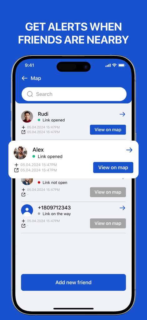 Find My Friends Geo Location - Mobile application interface showing a list of friends with their real-time location status and alerts.