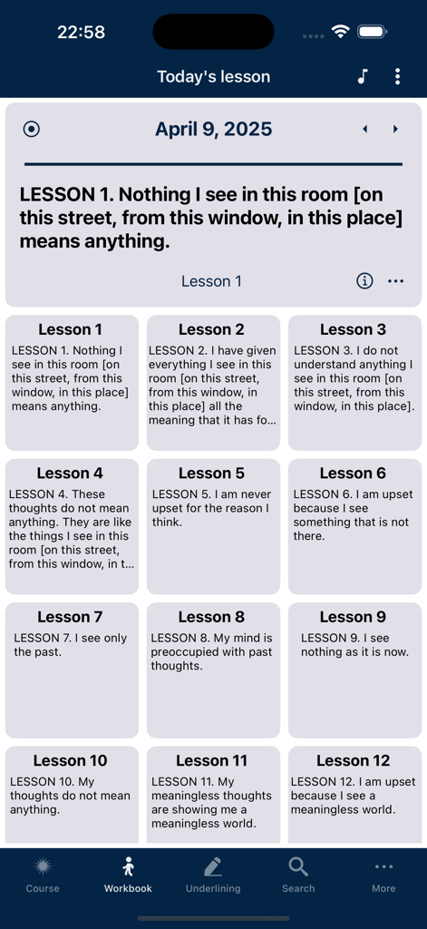 Libro degli Esercizi dell'app Un Corso in Miracoli che mostra una griglia di lezioni spirituali quotidiane