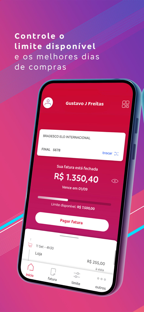 Bradesco Cartões - Interface do aplicativo Bradesco Cartões mostrando o saldo da fatura do cartão de crédito e o limite disponível na tela de um smartphone.