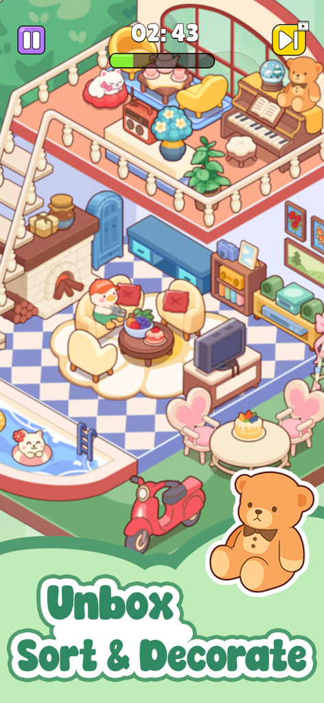 Dream Room Decor - Pantalla del juego Dream Room Decor con una linda casa isométrica y el texto Desempaqueta, Organiza y Decora