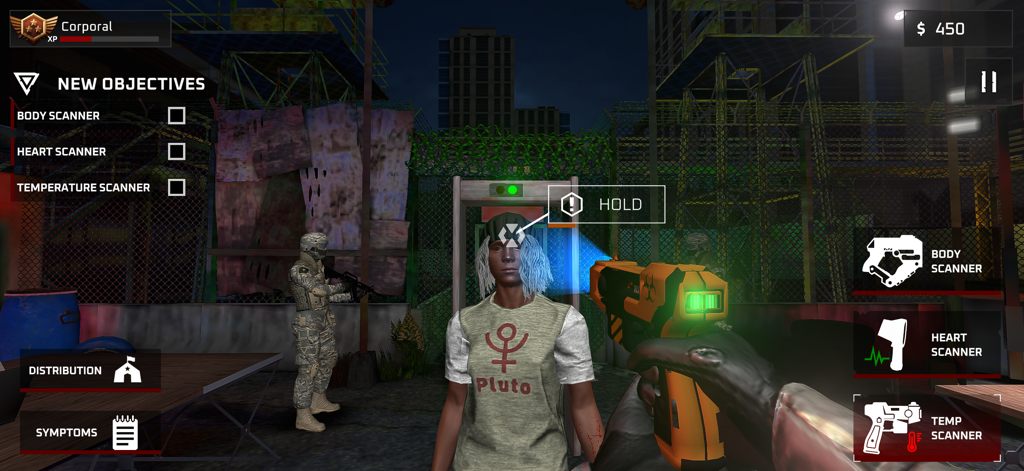 First person view of scanning a survivor at a zombie checkpoint