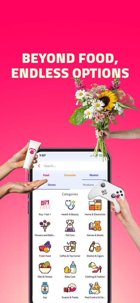 Gozilla - Delivery App - Gozilla mobile app interface showing diverse delivery categories including food electronics pet care and home services