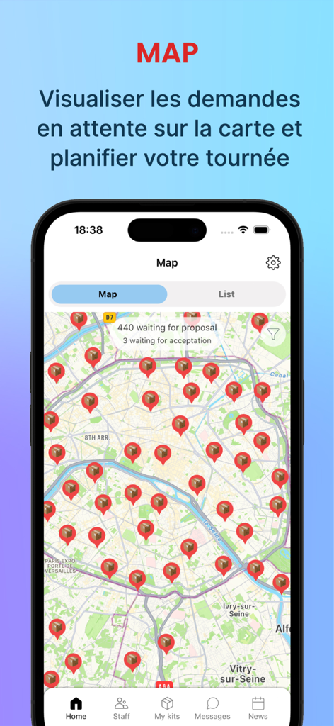 Delivraide - Map interface of the Delivraide app showing pending food kit delivery requests for volunteers