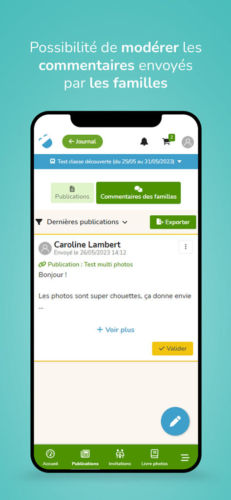 Screen showing the moderation of family comments within the OnDonneDesNouvelles mobile application interface.