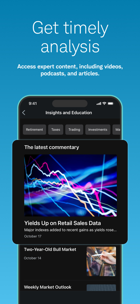 Schwab Mobile app interface displaying expert market analysis and educational investment content.