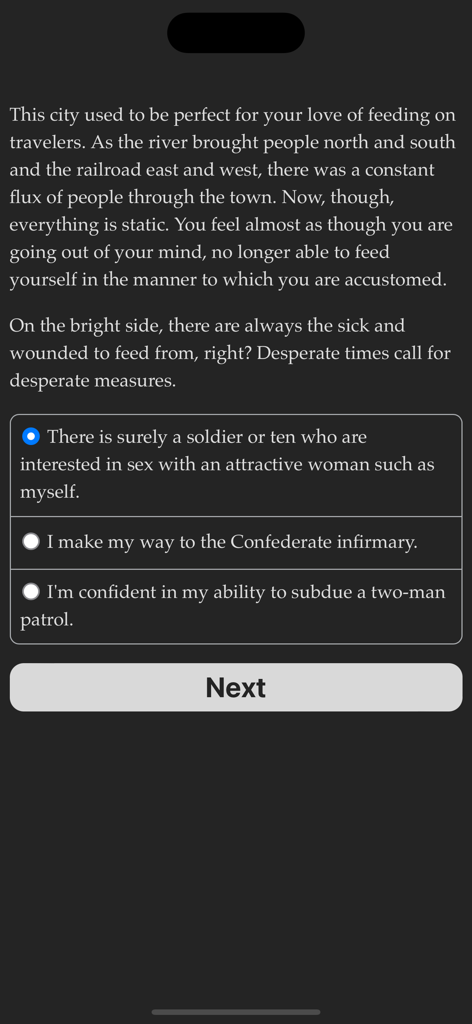 A text-based gameplay screen from Choice of the Vampire showing narrative descriptions and multiple-choice player options.
