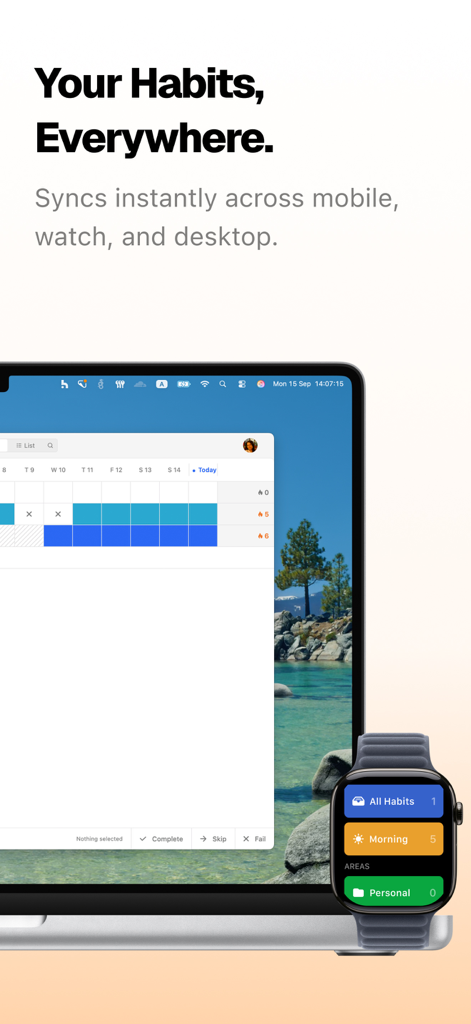 Habitify-Gewohnheitstracker-App-Oberfläche auf einem Laptop und einer Apple Watch, die die sofortige Datensynchronisierung über Geräte hinweg zeigt.