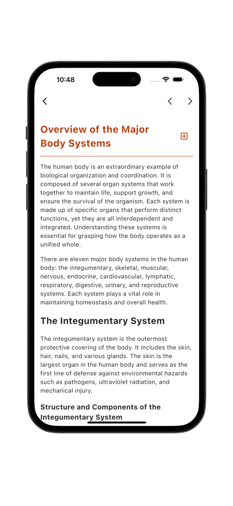 Learn Anatomy and Physiology - 解剖学と生理学アプリのモバイル画面。主要な身体システムの概要と、外皮系の詳細を表示。