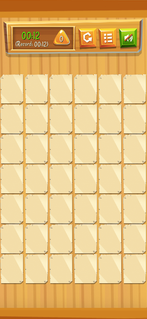 Memory Cartoon - Animals - Game board of Memory Cartoon Animals showing a grid of face down cards with a timer and score display