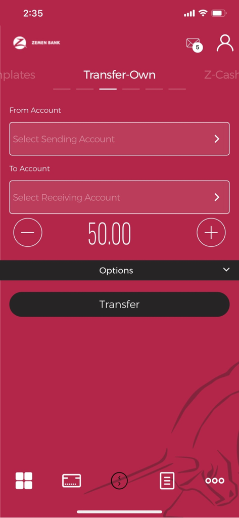 Zemen Mobile Banking - Zemen Bank app screen for transferring money between personal accounts