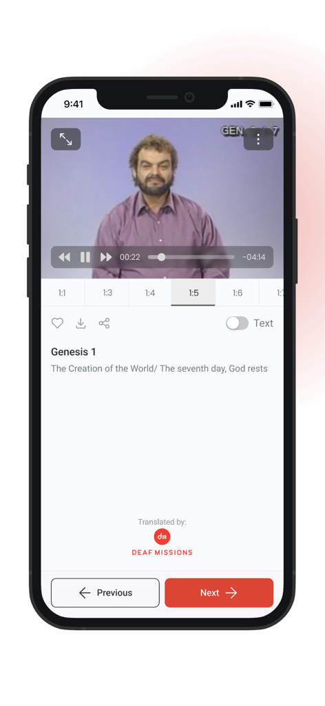 Deaf Bible app interface showing a video of a man performing American Sign Language for Genesis 1