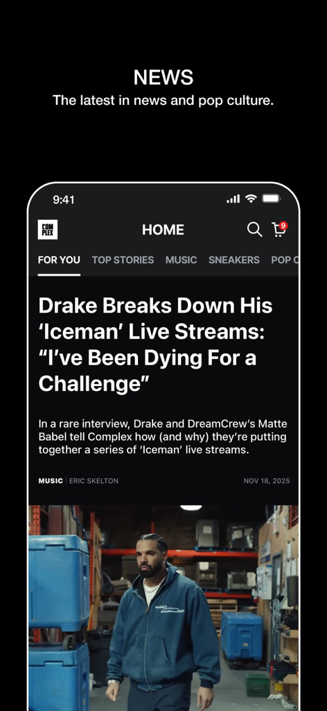 The news feed of the Complex app featuring an article about artist Drake