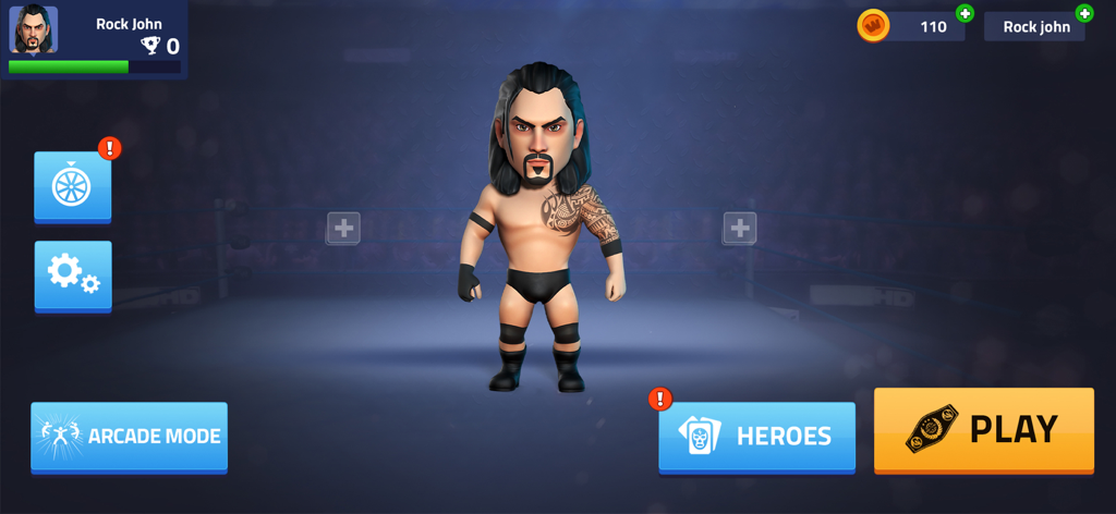 Main menu of Rumble Wrestling showing a 3D stylized wrestler character named Rock John in a ring with arcade mode and heroes options.