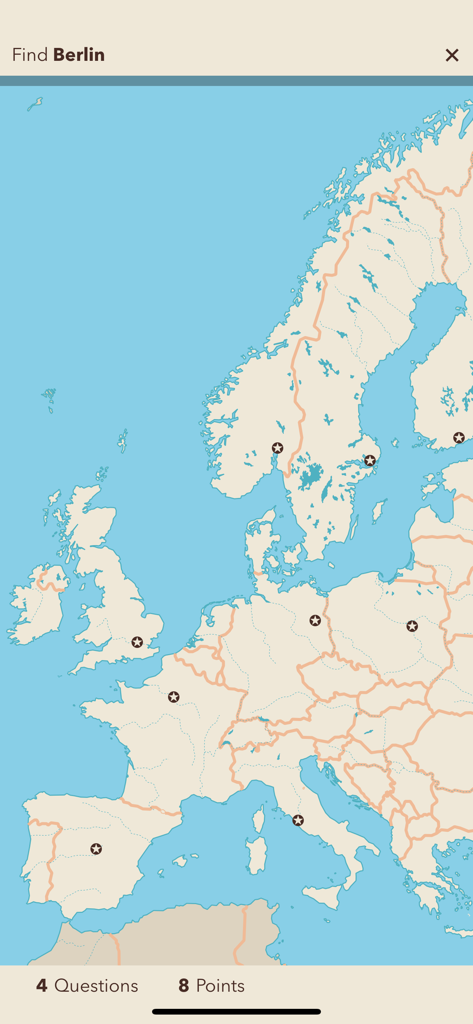 Uma tela de quiz de geografia do aplicativo Mapas do Nosso Mundo (Edu) mostrando um mapa da Europa e uma solicitação para encontrar Berlim.