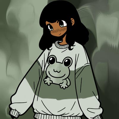 girl wearing frogging sweatshirt