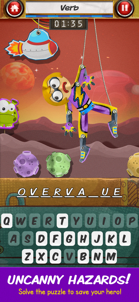 Atomic Hangman Jr - A word puzzle game featuring a hanging puppet character in a space theme