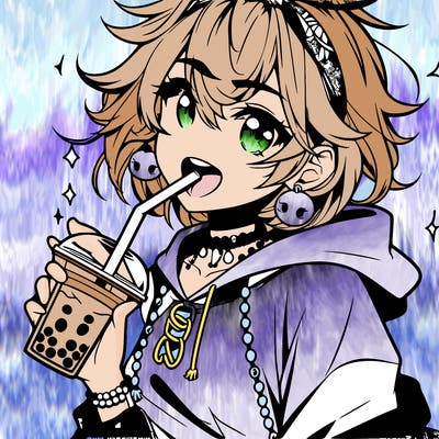 hot baddie anime girl drinking boba and biting the straw