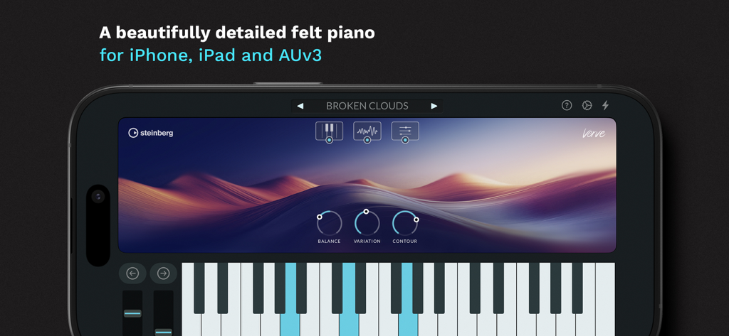 Verve - Felt Piano App & AUv3 - Interface de l'application mobile de piano feutré Verve montrant le clavier virtuel et les contrôles de conception sonore