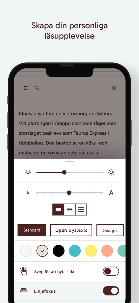 Biblio app interface for personalizing ebook reading experience with font and background options
