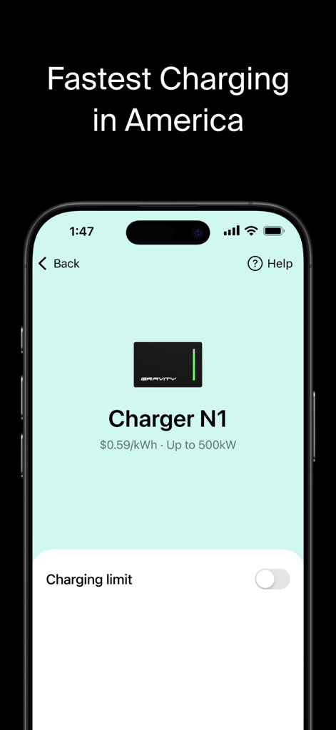 Gravity EV Charging - Gravity EV Charging app interface showing a 500kW charger and pricing