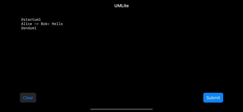 UMLite - Pantalla de la aplicación UMLite que muestra un editor de código para diagramas PlantUML
