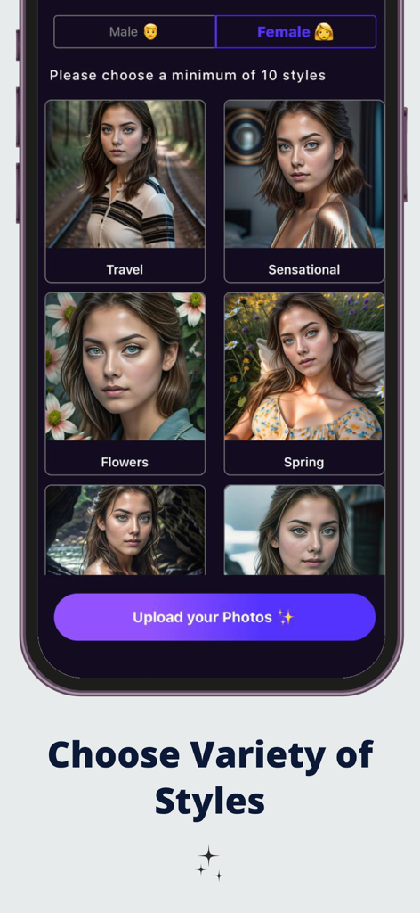 Headshot Pro AI: Perfect Photo - Una interfaz de usuario que muestra diferentes estilos de retratos con IA para perfiles sociales profesionales