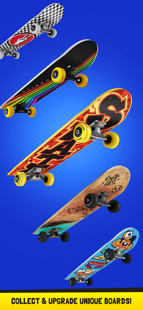 A variety of colorful and unique skateboard designs available to collect and upgrade in the Flip Skater mobile game.
