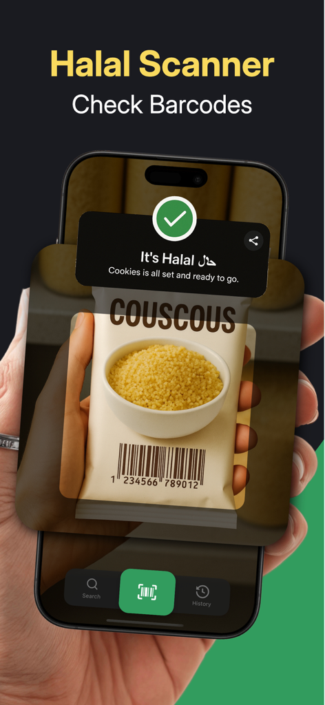 A mobile app interface scanning a food barcode and displaying a green halal confirmation message