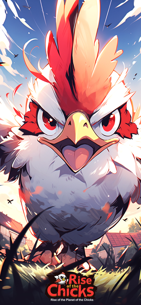 Rise of Chicks - A fierce giant mutant chicken with red eyes looking directly at the camera with the Rise of Chicks game logo at the bottom