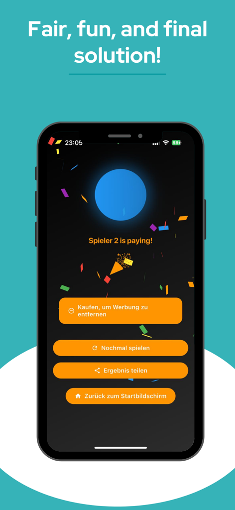 Who pays? - Finger Dice - Aplicativo Who pays Finger Dice mostrando o resultado do jogo com confetes e um jogador selecionado