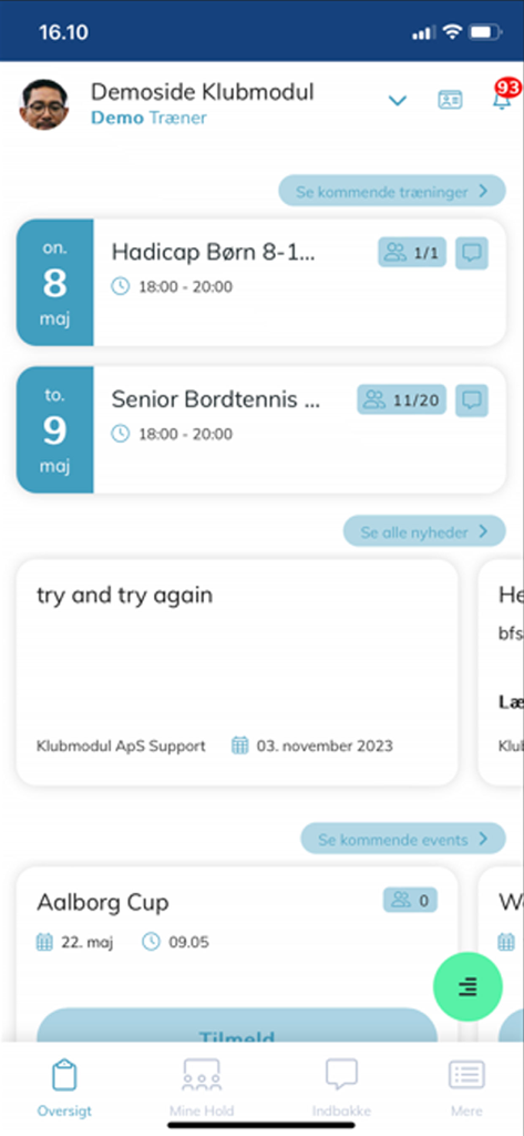 Klubmodul - Une capture d'écran du tableau de bord de l'application Klubmodul affichant les plannings d'entraînement sportif et les actualités du club