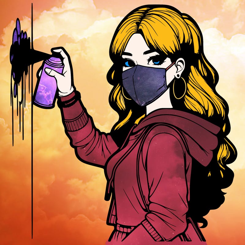 realistic girl with mask spray painting a wall
