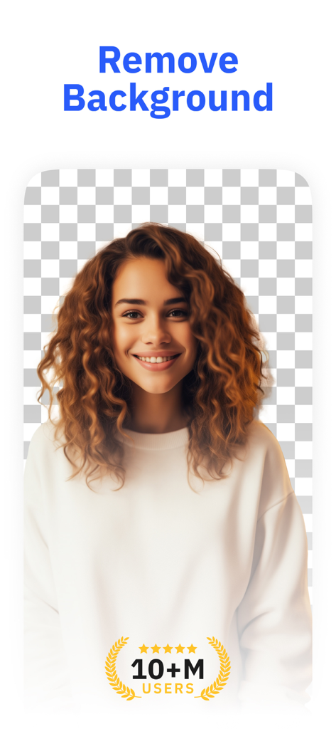 AI Background Remover & Eraser - Eine lächelnde Frau mit entferntem Fotohintergrund, die ein transparentes Gitter zeigt.